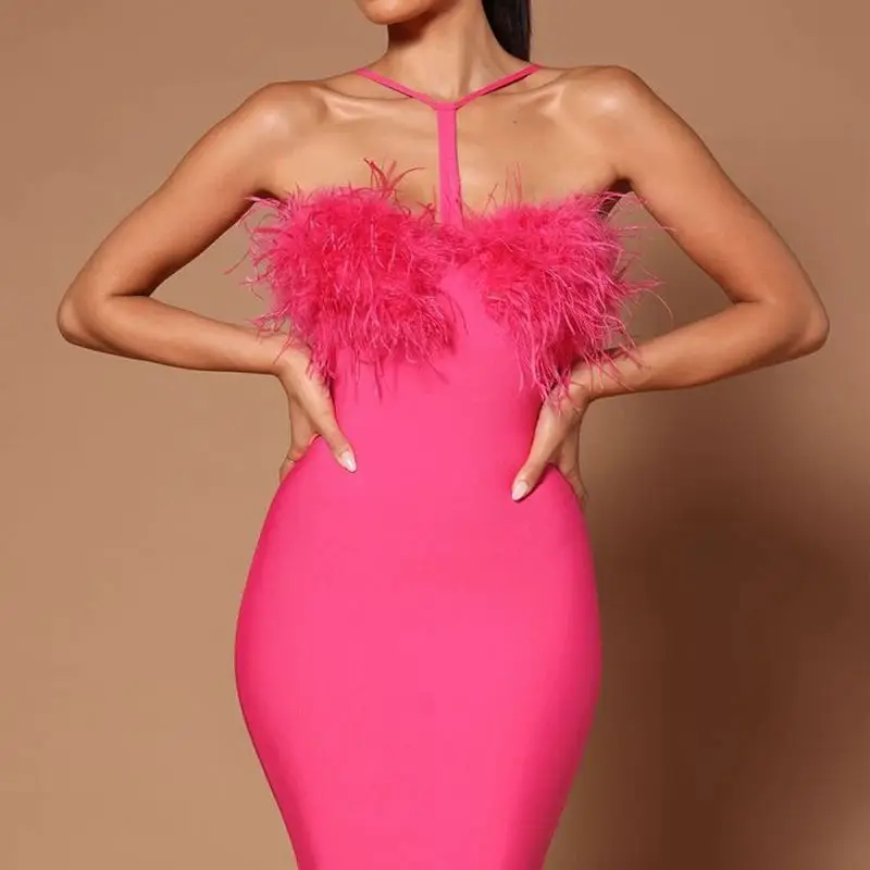 

Women's Ostrich Feather Hanging Neck Dress Sexy Sleeveless Backless High Waisted Slim Long Dress Fashion Female Party Vestidos