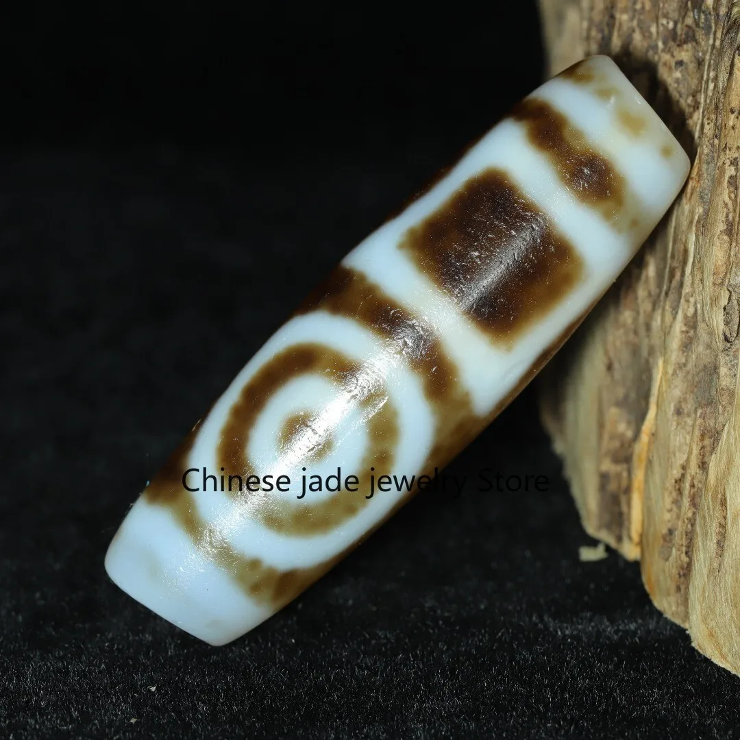 Ancient Tibetan Agate 2 Heaven＆Earth Old DZI Beads Amulet Pendant 48×15mm #1833