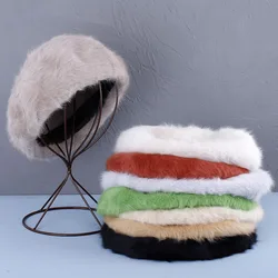 2022 New Fluffy soft Women rabbit 's hair Berets French Artist Style Warm Winter Beanie Hat  Beret Solid Color Elegant Lady