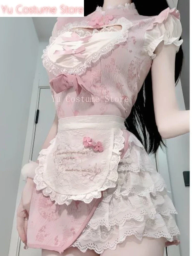 

2025 Summer Vintage Kawaii Sweet Dress Women Lace Bow Lolita Mini Dress Female Pink Apron Chic Print Mini Patchwork Slim Dress