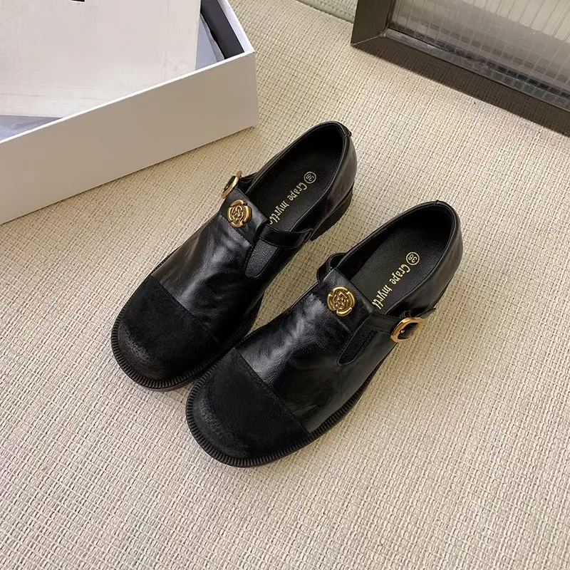 

025 Spring New Retro Camellia Shoes Women's Buy now Thick Soles with A Slip-on Round Head Leather