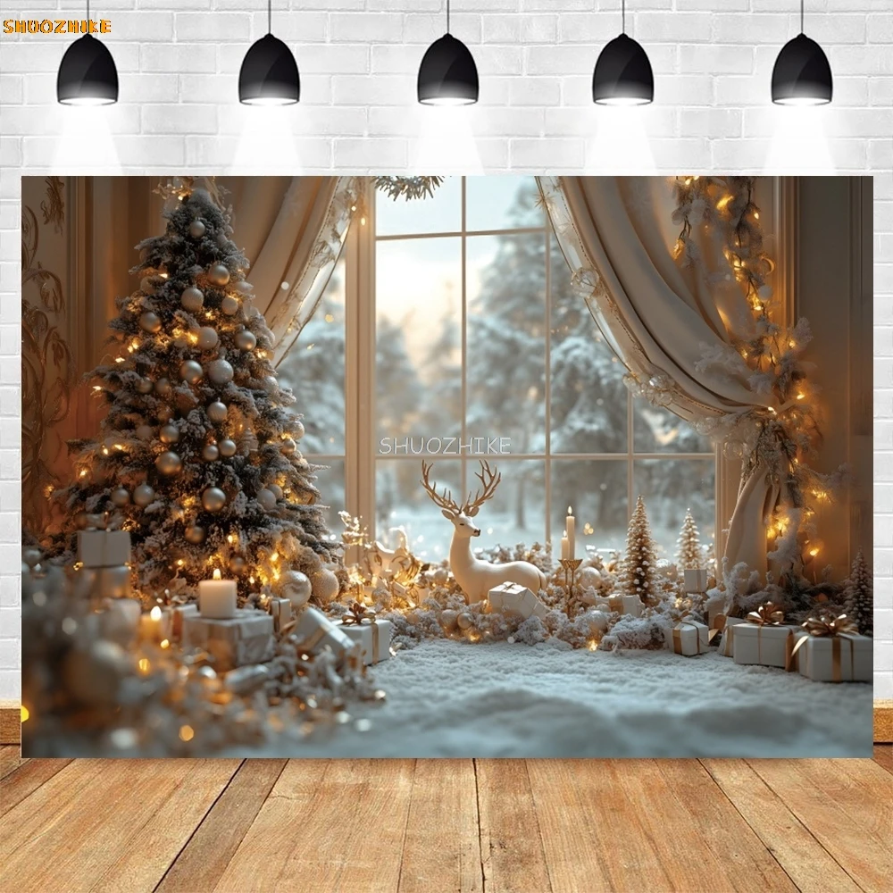 

Christmas Room Photography Background Gold Xmas Tree Window Gift Elk Backdrop Decor Girl Child Birthday Photo Studio Props