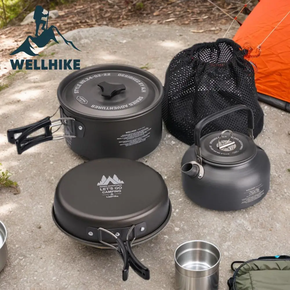 WELLHIKE-Juego de utensilios de cocina para acampar con hervidor de agua, estufa portátil para acampar, vajilla, olla para pesca al aire libre, suministros de cocina para acampar