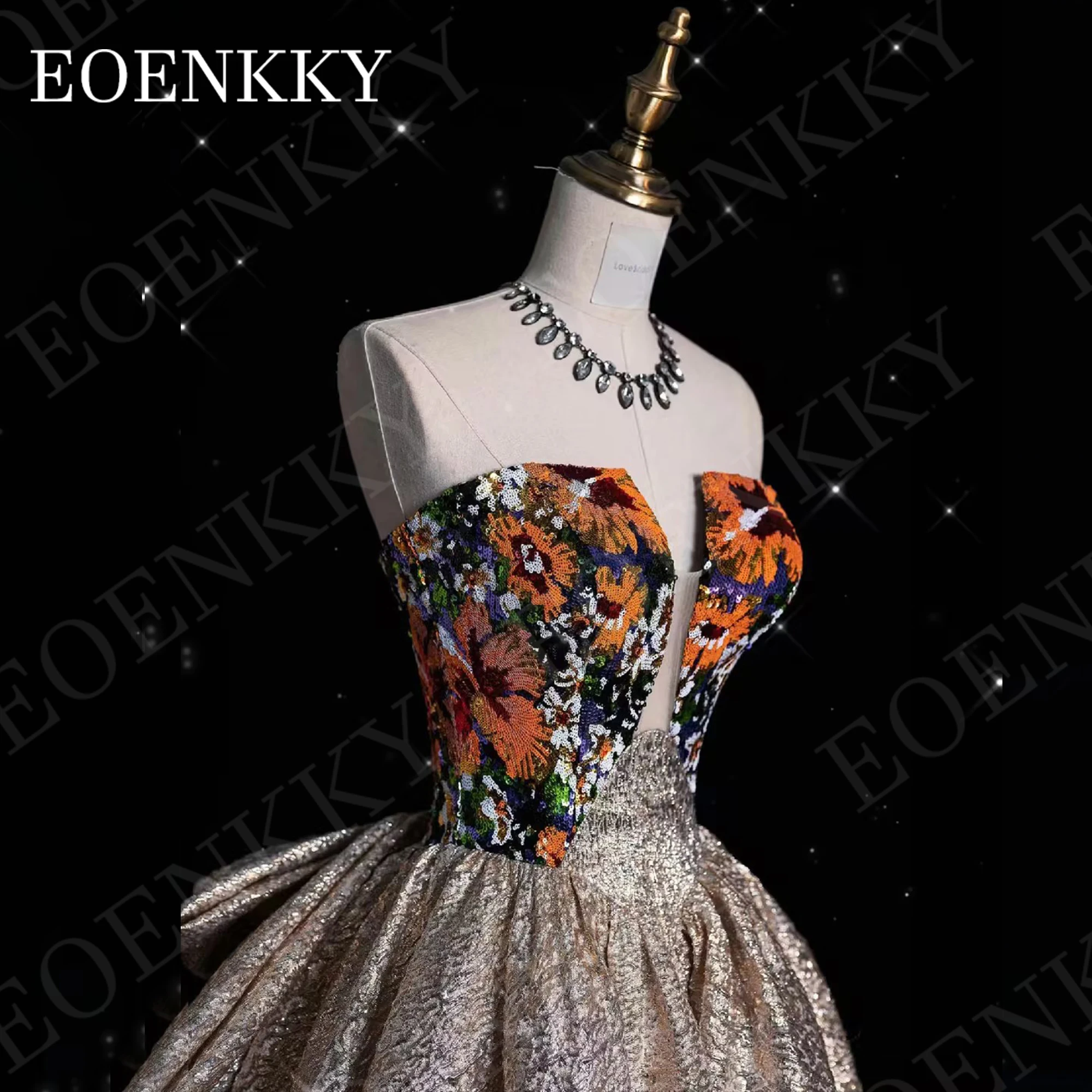 Luxury A Line Prom Dress Sequined Floral Strapless Floor Length Banquet Dresses With Bow Sleeveless Party Open Back فساتين الحفل