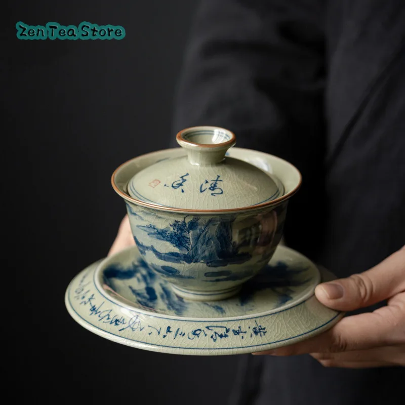 Old Clay Blue And White Hand-painted Covered Bowl Teacup High-end Ceramic Kung Fu Tea Set Large Three Tea Bowl