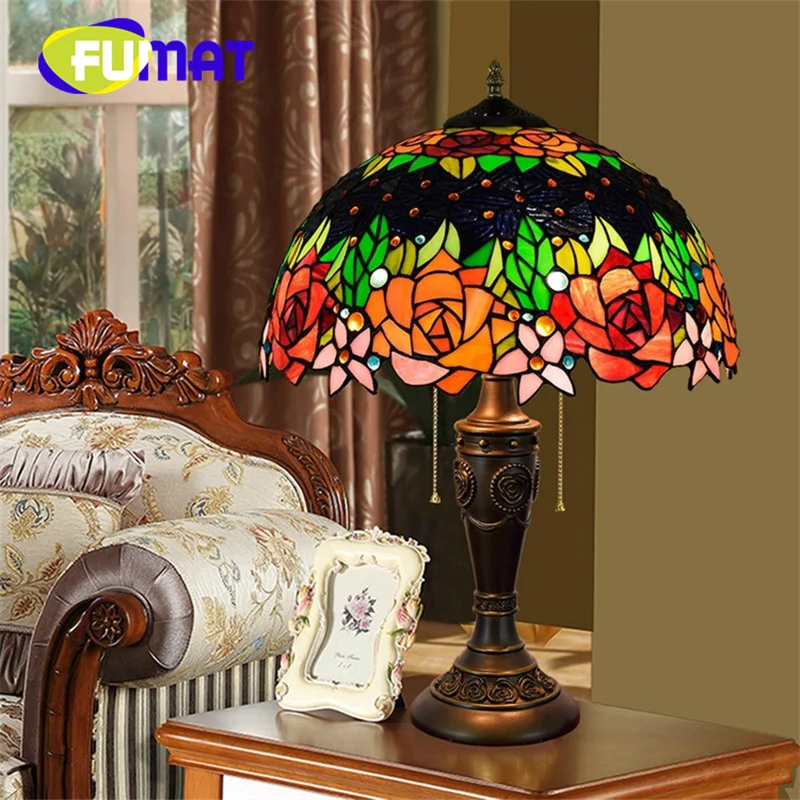 FUMAT Tiffany Table Lamp Vintage Style Bedroom Den stained glass hand-decorated exquisite double-headed reading table lamp