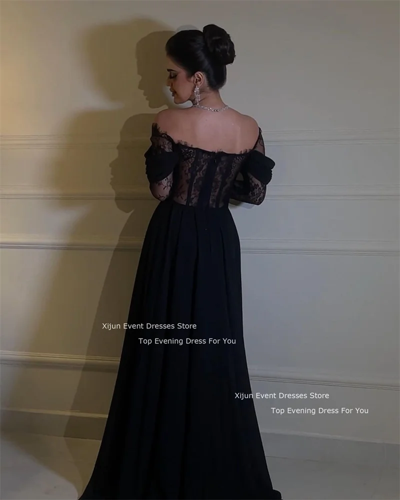 Xijun Black Sexy Long Evening Dresses Sleeves Off The Shoulder Lace Prom Dresses Saudi Arabric Long Sleeves Prom Gowns Women2024