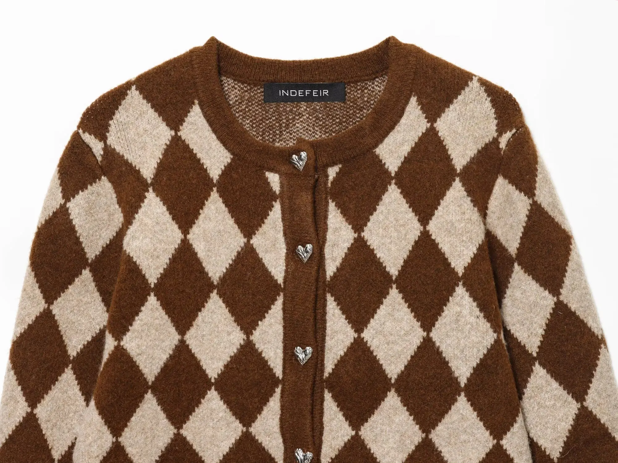 المرأة المتناقضة Argyle سترة متماسكة الإناث س الرقبة طويلة الأكمام واحدة الصدر سترة معطف سيدة الرجعية عالية الخصر سترة