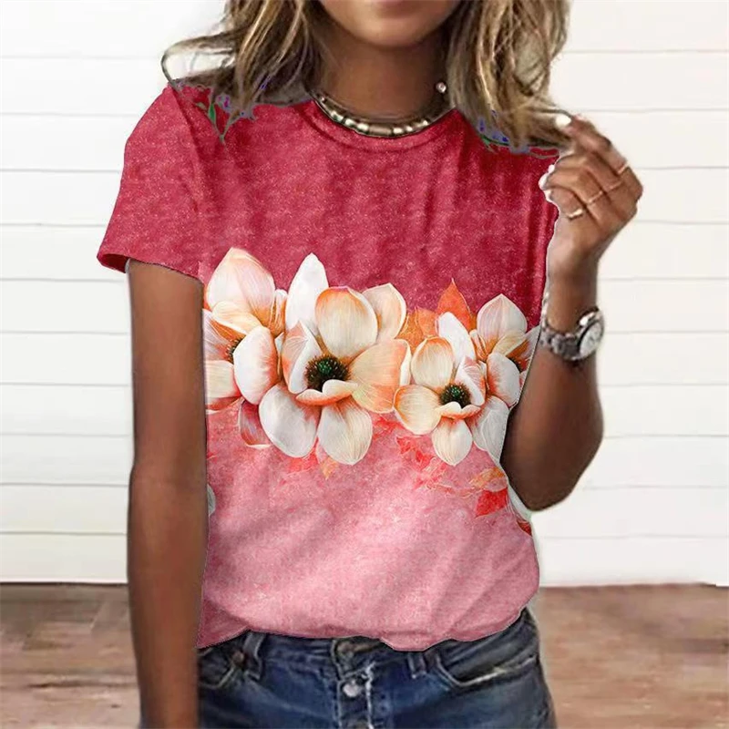 Camiseta con estampado de flores en 3D para mujer, Top para niña, ropa Y2k, camisetas de manga corta, cuello en V, camiseta informal para vacaciones para mujer