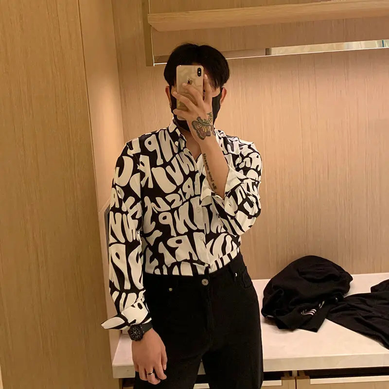 High-end Trend Streetwear Fun Letters English Printing Slim Handsome Comfortable Mash Up Men\'s Long Sleeved Shirt Autumn 2024