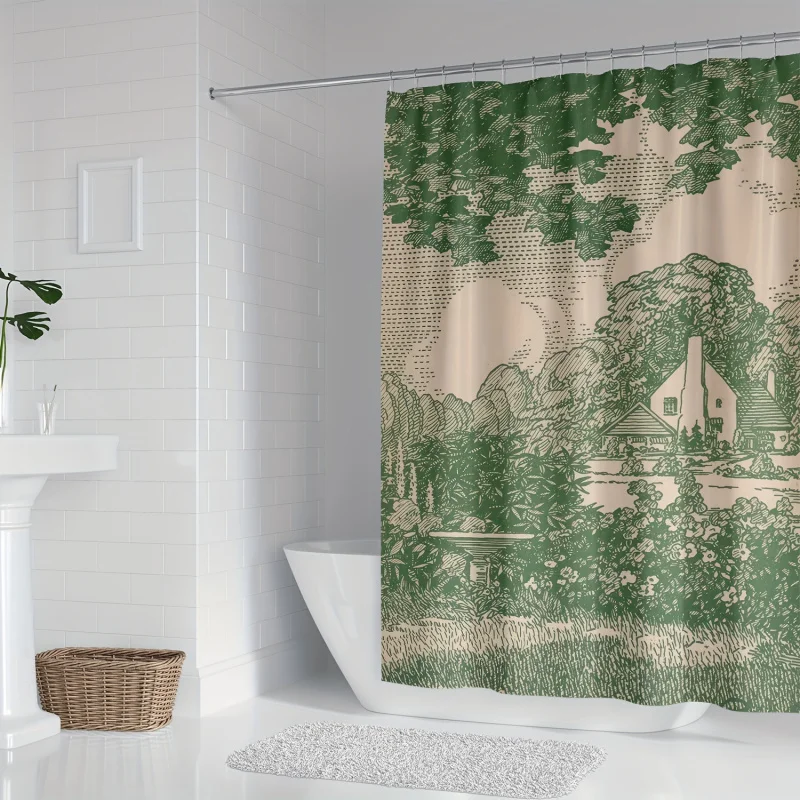 Vintage Hand-Drawn Landscape Print Shower Curtain, Polyester Woven Water-Resistant Bathroom Curtain with Hooks, Machine Washable