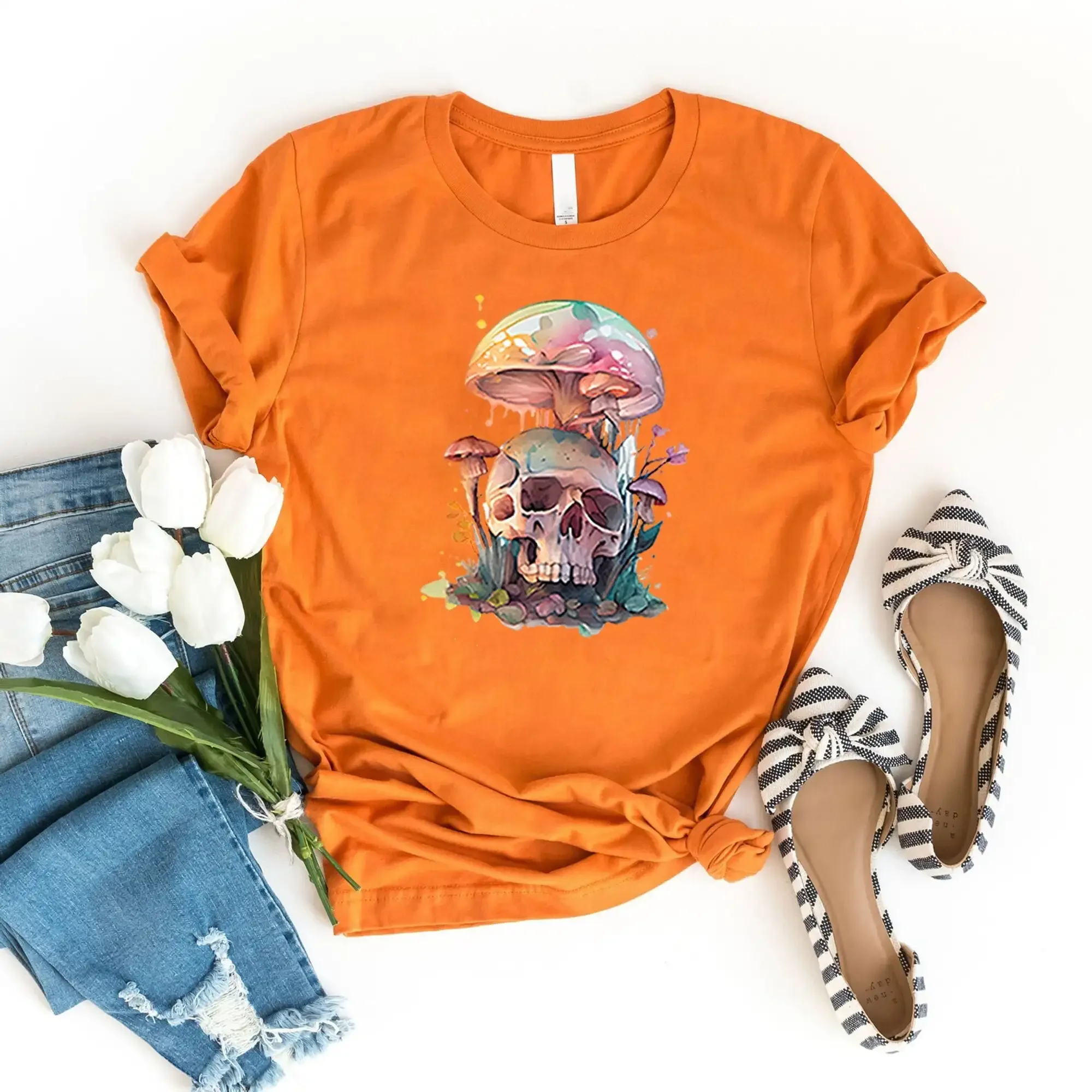 Mushroom T Shirt Halloween Skull Hippie Decor Art Plant Nature For Her Vintage