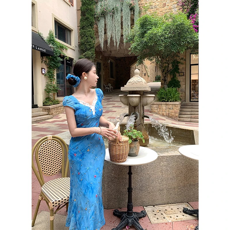 Vintage Floral Midi Dress Women Vacation Sexy Lace Patchwork V Neck Dresses Summer Elegant Puff Short Sleeve Bodycon Vestidos