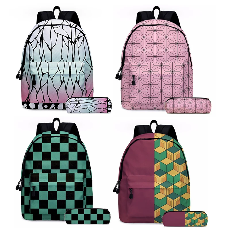 Conjunto de 2 uds. De mochila de Anime Demon Slayer Series Tanjirou Nezuko Zenitsu Kochou Shinobu, mochila escolar, bolsa para bolígrafos para estudiantes, conjunto de regalo