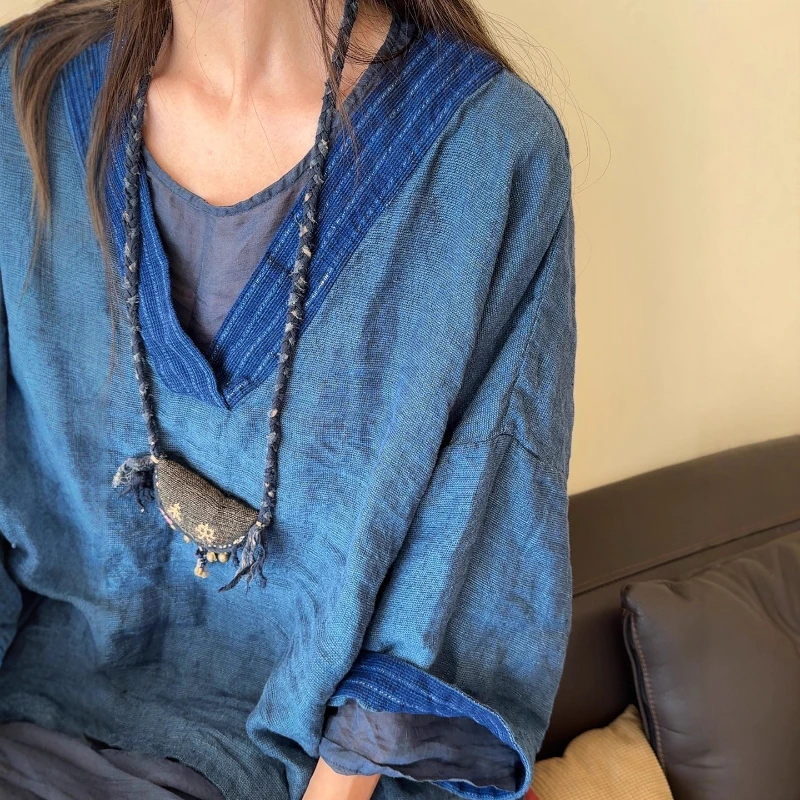 VintagePremium جودة الغزل مصبوغ الكتان فضفاض الخامس الرقبة المرأة بلوزة الخريف جديد الرجعية منتصف طول Batwing الأكمام القمم حجم كبير