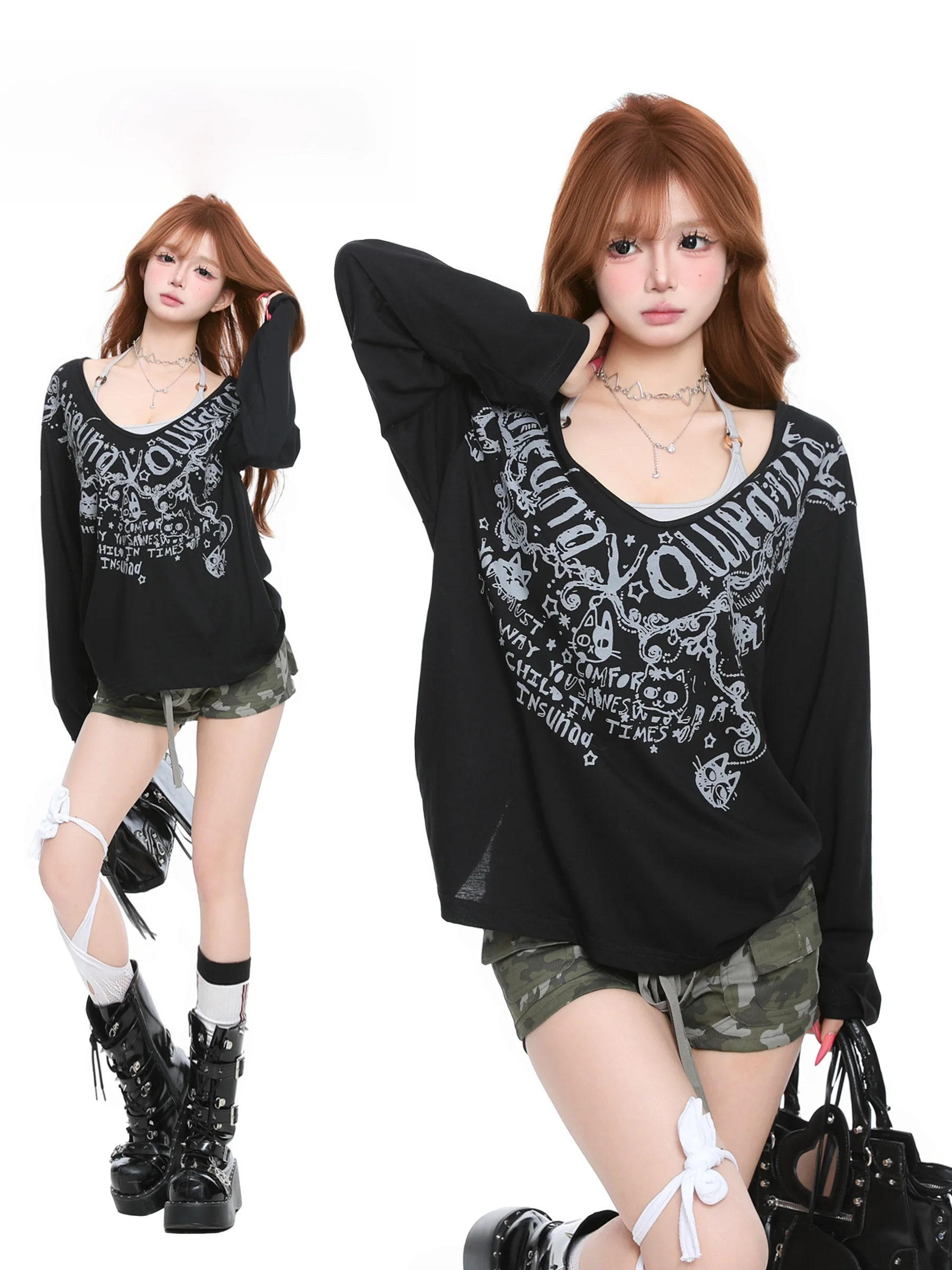 Basterds Graffiti Letter Long Sleeve V-Neck T-Shirt Women Spring Spicy Neck Hanging Strap Two-Piece Set Korean Style Loose Fit