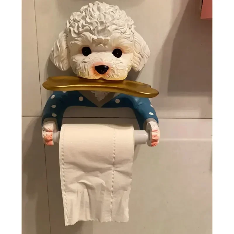 Cartoon Teddy Dog Toilet Paper Holder Punch Free Wall Mounted Toilet Tissue Roll Paper Storage Tray Rack Bathroom Decoration