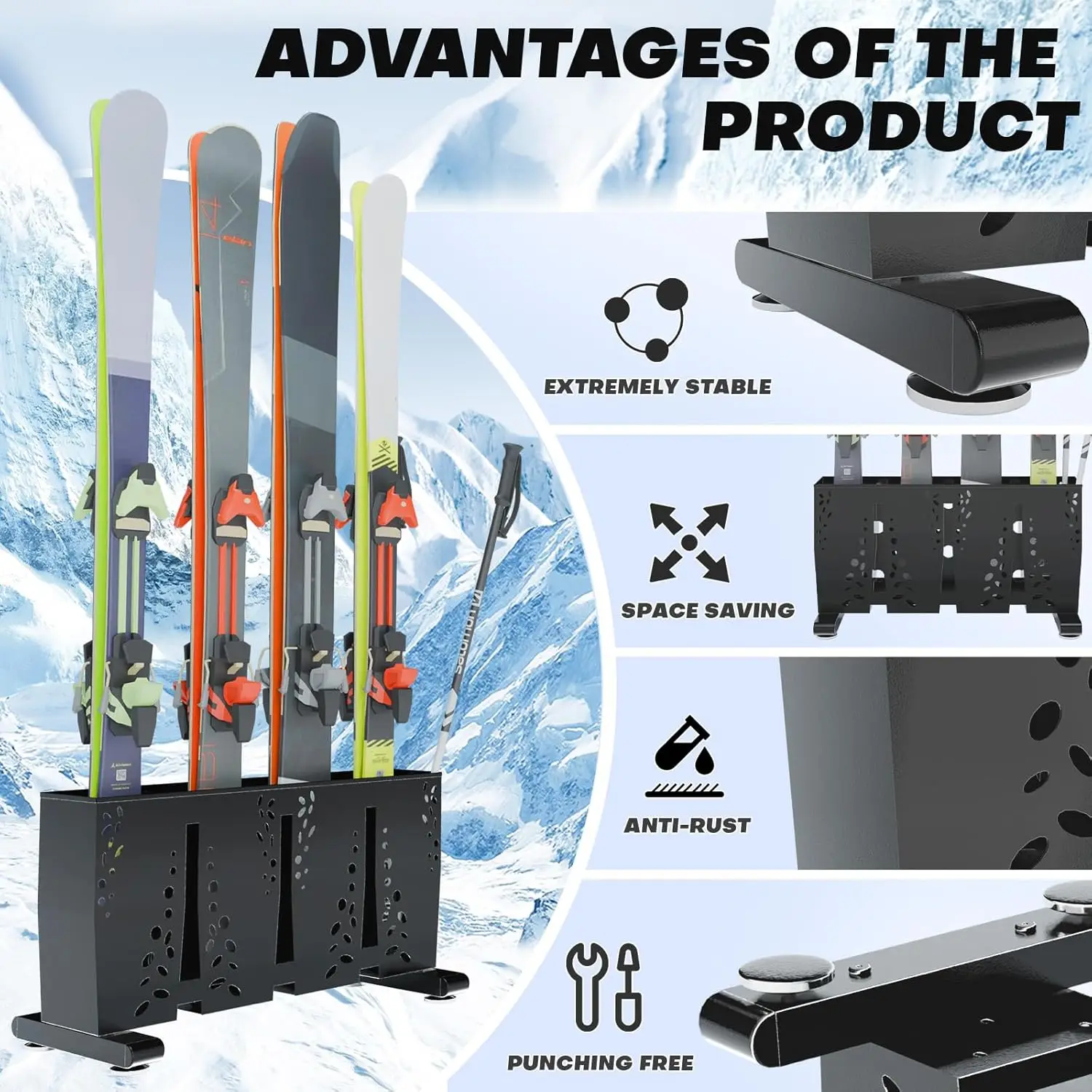 Ski Storage Ra For Garage, 4 Pair Heavy Duty Steel Freestanding Ski Storage Organizer, Indoor Ski Holder Ras For Home And