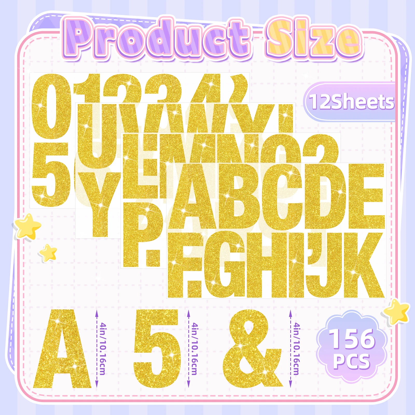 156Pcs 4 Inch Gold Glitter Bulletin Board Letter Stickers, 12 Sheets Self-Adhesive Vinyl Alphabet Letters for Poster, Mailbox