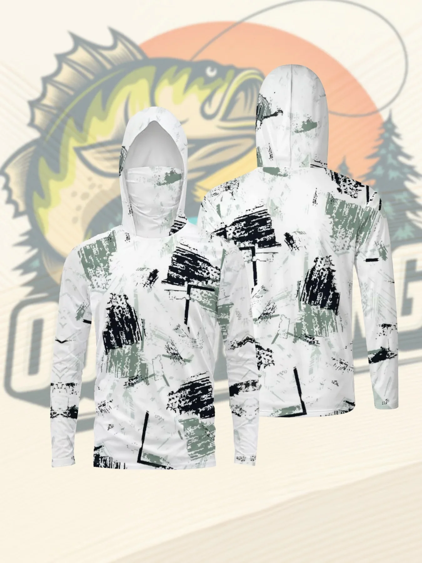 Mens Fishing Hooded Shirt UPF50 Sun Protection Face Cover Long Sleeve White Gray Camo Print Quick Dry Outdoor Hiking Lightweight