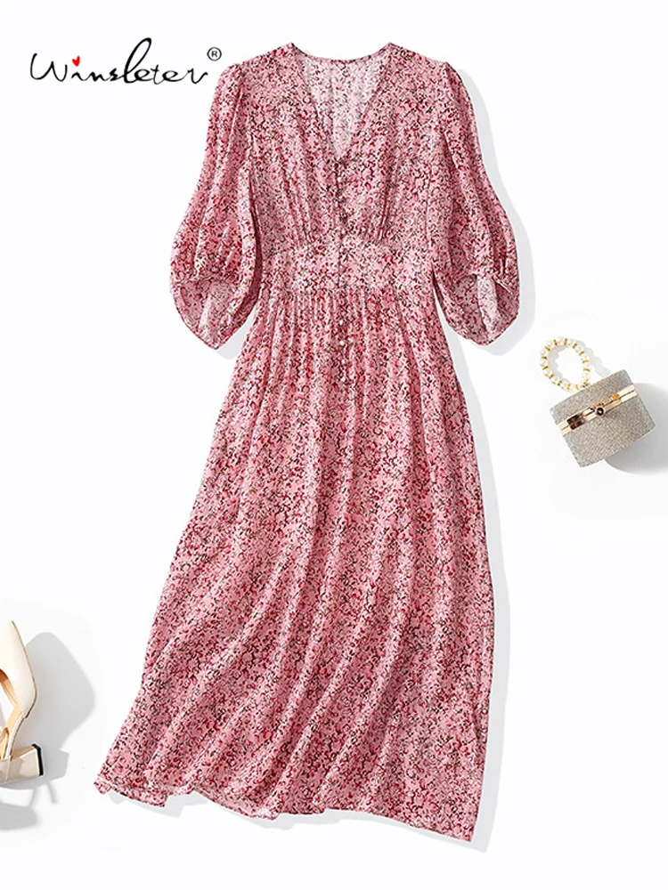 

Winsleter-Women 100%Real Silk Elegant Dress, V Neck 3/4 Sleeve Floral Print, French Retro Vacation Dresses, 2025 Summer D57214CC
