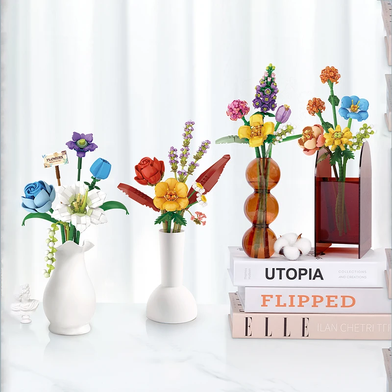 Woma Brand Building Blocks Flower Bouquet Eternal Flower Decoration Pieced Together Rose Tulip Block Toy Girl Birthday Gifts