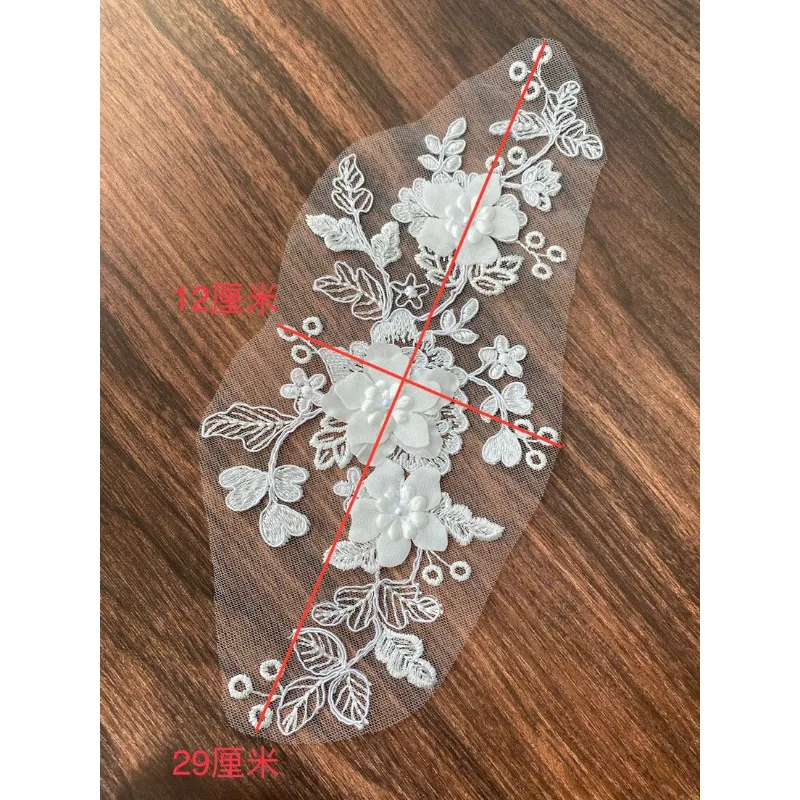 3 Pairs/lot White Beaded Lace Applique 3D Embroidery Floral Trim DIY Sewing Dress Accessories