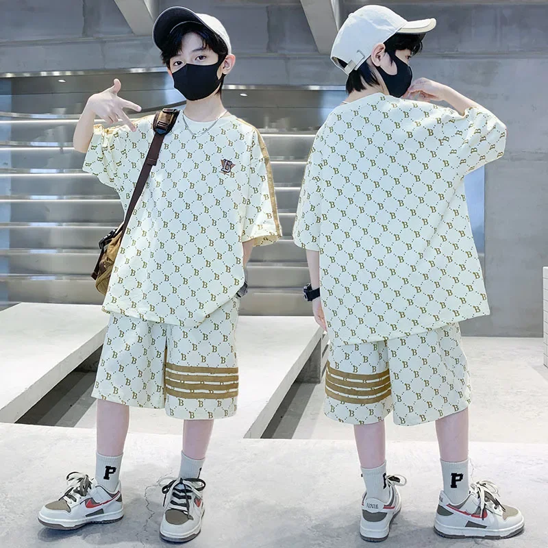 Summer Teenage Boy Clothes Set Letter Plaid T-Shirts Shorts Suit Children Girl Short Sleeve Top and Bottom 2pcs Outfit Tracksuit