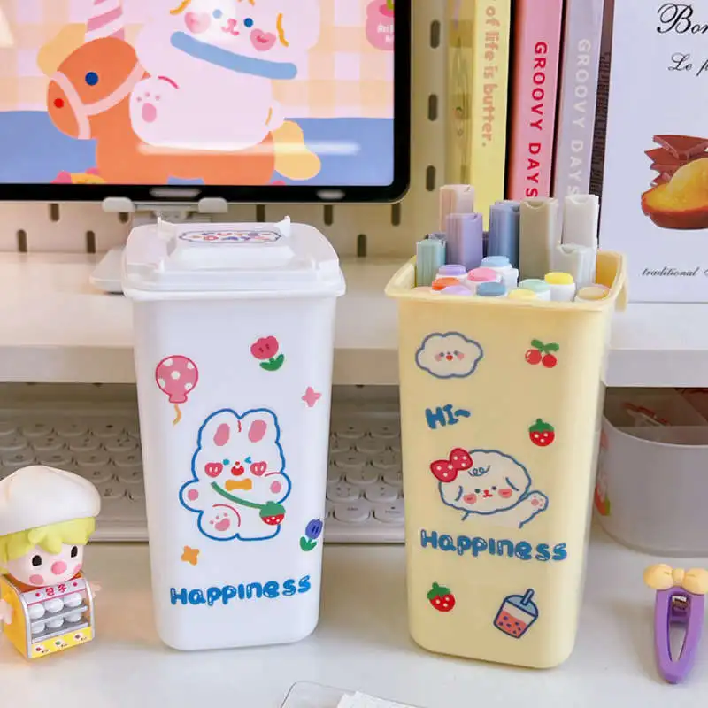 Mini Cute Desktop Bin Small Trash Can Tube with Cover Bedroom Trash Garbage Can Clean Workspace Storage Box Home Desk Dustbin