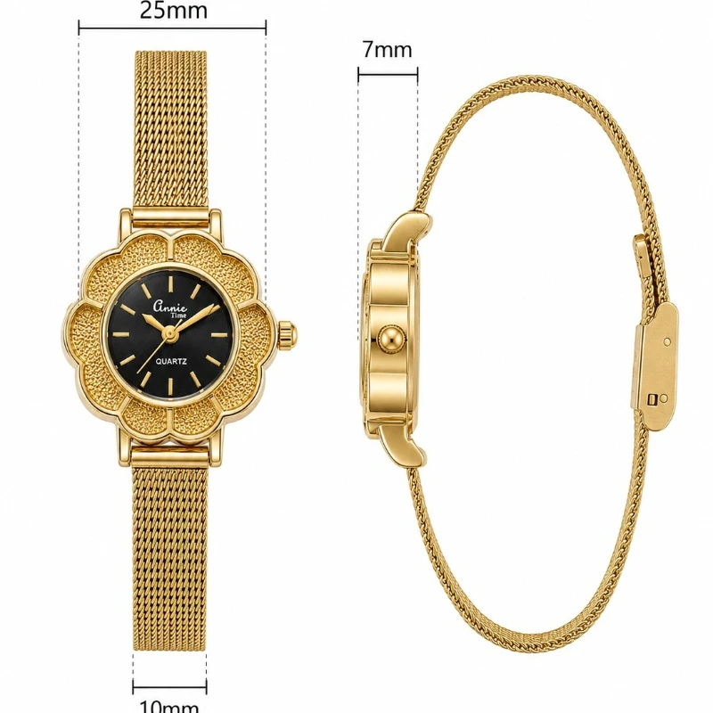 Annie Time Gold Flower Shape Women's Quartz Watch Black Dial Metal Mesh Strap Elegant Dress Ladies Wristwatch relogio feminino view 6