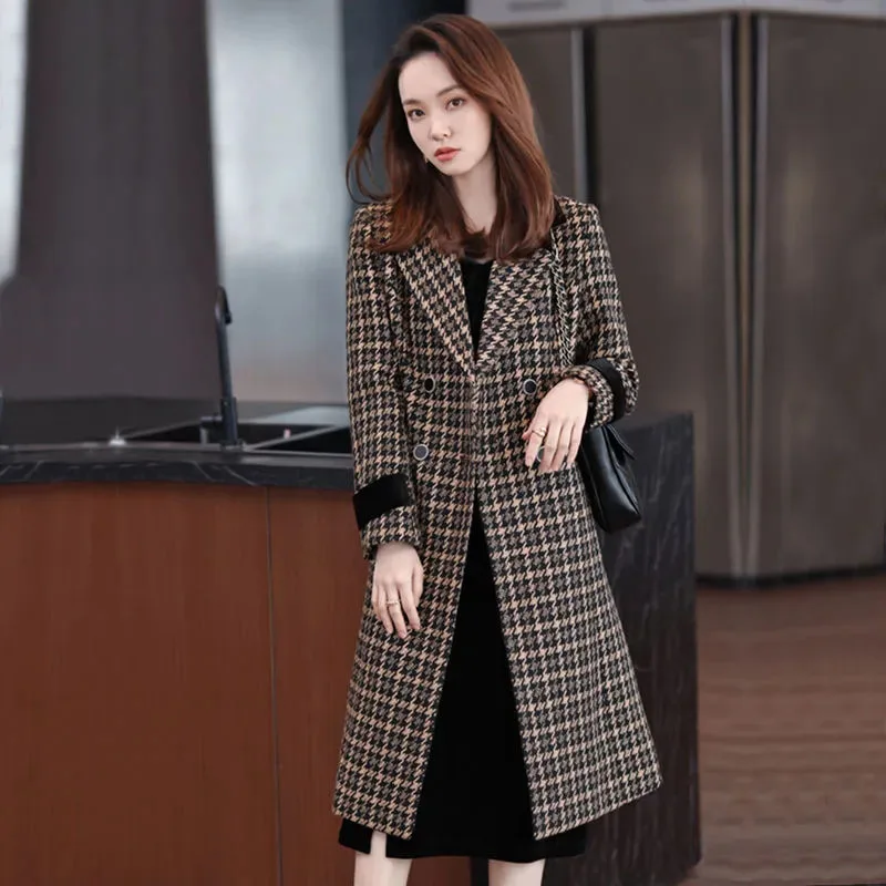 

Plaid Casual Windbreaker Jacket Women's Overcoat Long Double-Breasted Coat Autumn Winter New Korean Loose Windbreakers Coat