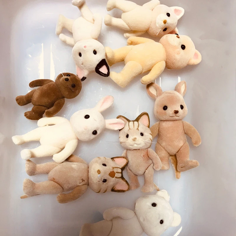 1pcs Random Forest Family Animal Figure Rabbit Bear Dog Flocked Shaggy Figurine Animal Model Toy For Kid Factory Defects