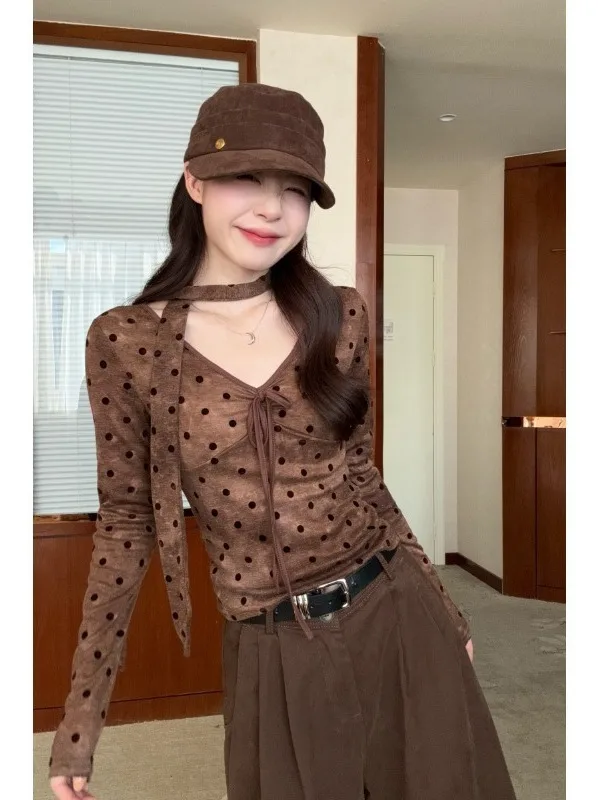 

plus Size Vintage Polka Dot Slimming V Ne Long Sve T irt Women's Faionable Autumn Top for Younger Looking Bodycon Sle