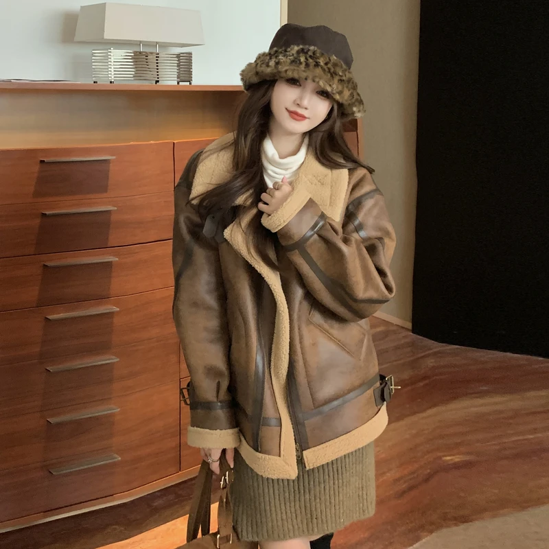 Forst Winter Women Leather Jacket with Shearling Lamb Fur 2023 New Faux Suede Coat Black Brown Thick Warm Motorcycle Top