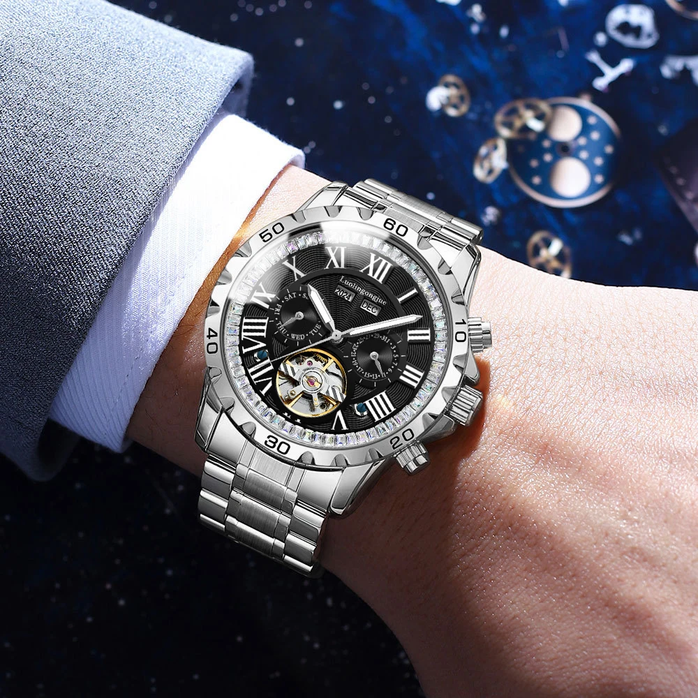 新品本物の全自動機械式時計メンズ腕時計ファッショナブルなビジネスカジュアルシンプルな多機能発光防水中空時計メンズ腕時計