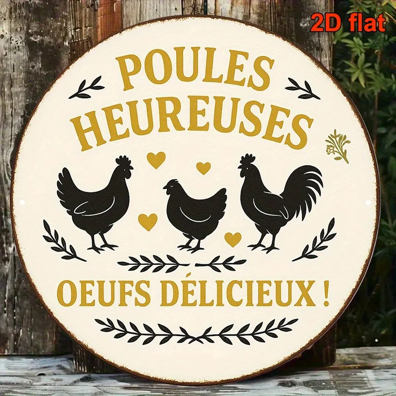 Panneau en aluminium français rond plat 2D, 1 pièce, 8,0x8,0 pouces, plaque décorative vintage avec inscription « Happy Hen And Delicious Eggs », ferme