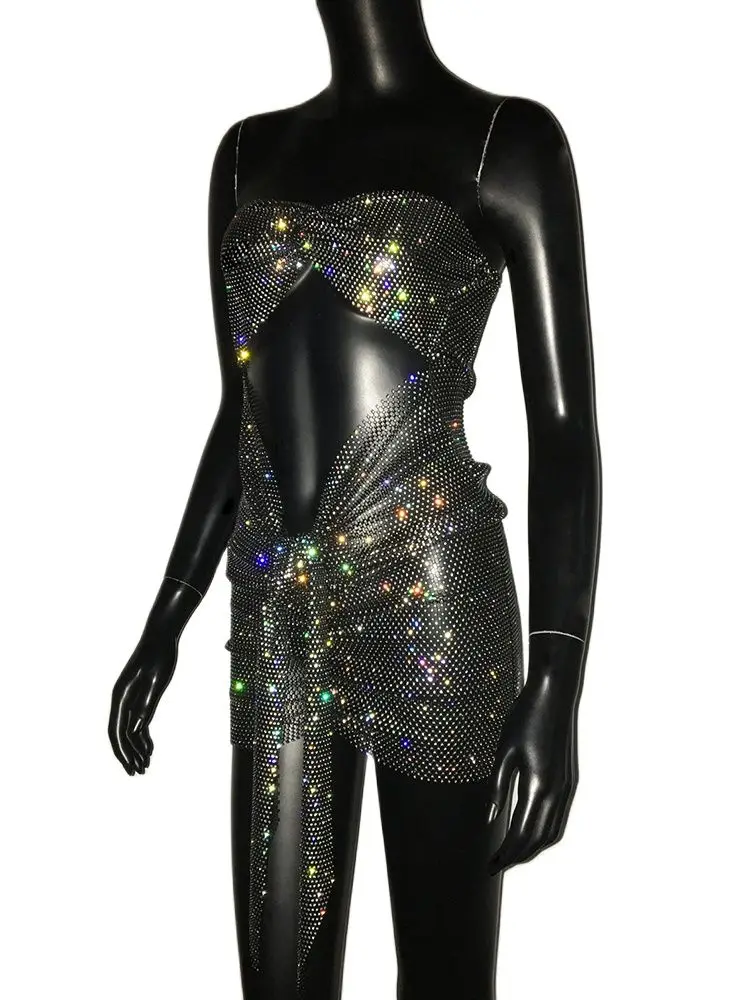 Shiny Rhinestone Backless Mini Dress For Women Sexy Hollow Out See Through Party Dress Rave Festival Nightclub Dress Cover Up