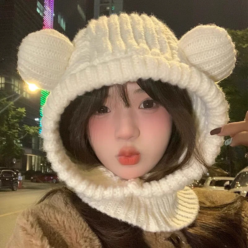 Cartoon Bear Women Hooded Beanies Winter Warm Ear Protection Scarf Cap Korean Solid Wool Knitted Hat Outdoor Windproof Headgear