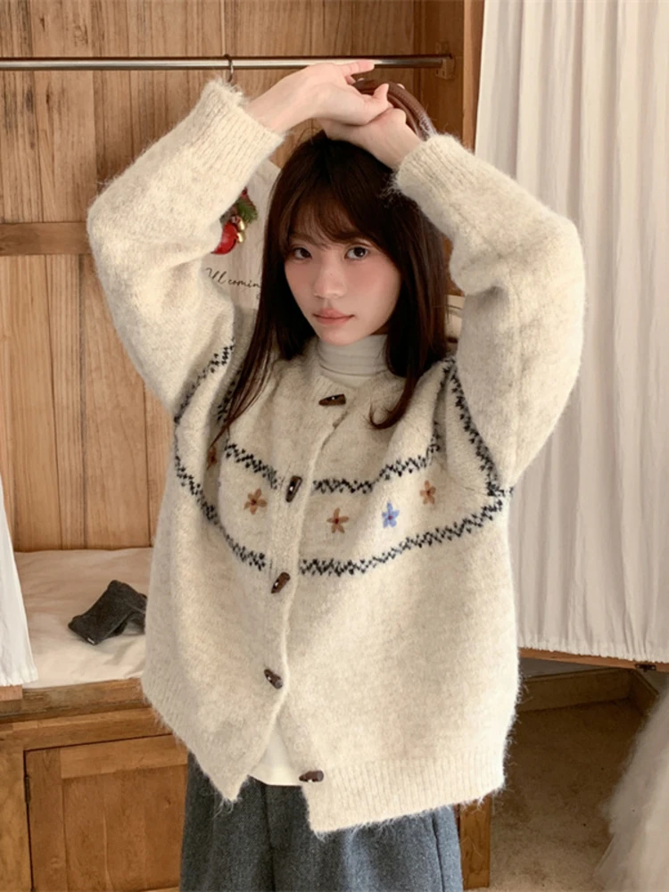 

Зимний женский открытый кардиган, свитер, свободный ленивый трикотаж с цветочным принтом, пальто, круглый Ne Other Sve, обычная длина, другой материал