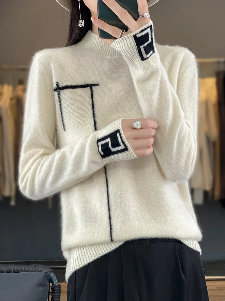 Autumn Winter Women's 100% Pure Merino Wool Sweater Mock-Neck Pullover Basis Casual Cashmere Female Elegant Clothing Tops