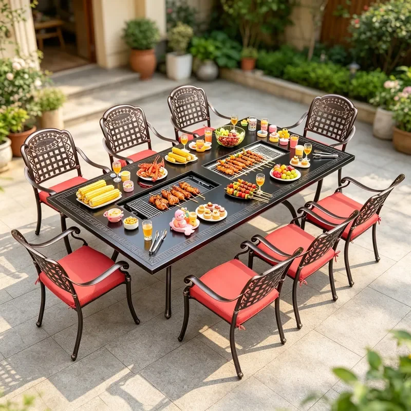 Outdoor Cast Aluminum Rectangular Double Slot BBQ Table and Chairs European Wrought Iron Courtyard Grilling Multi Functional