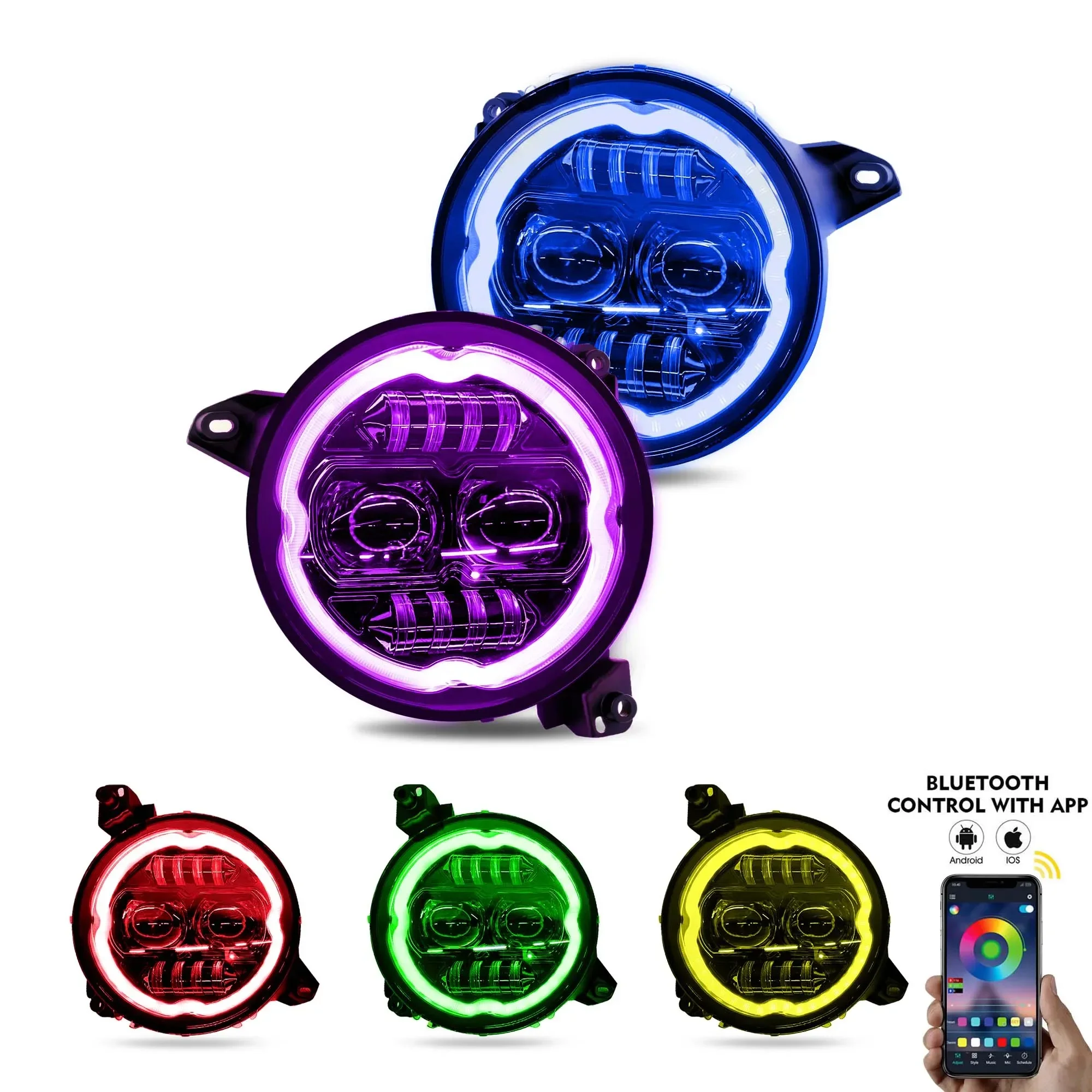 

Popular Hot sell N2 JEEP LED Headlight with RGB Angel Eye Control by Blue-Tooth App & Halo Daytime Running Light for JEEP JL/JT