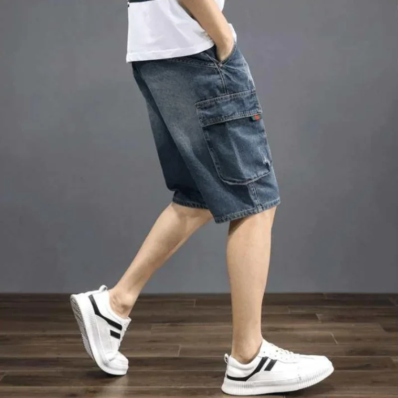 Male Denim Shorts Half Men\'s Short Jeans Pants Long with Pockets Ripped Knee Length Vintage Korean Fashion Thin Harajuku Luxury