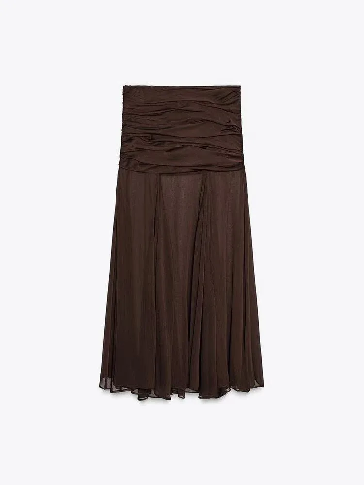 Faionable ZA2025 Summer New Women's Skirt Semi-Transparent Pleated Design All-Match  Skirt Ethnic Stage Costume