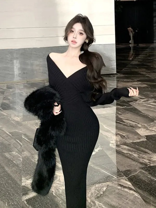 

Корейская юбка Hepburn Sle V-Ne Slim Fit с запахом Dr Ele Faionable Winter Season Средней длины из хлопкового трикотажа Dr