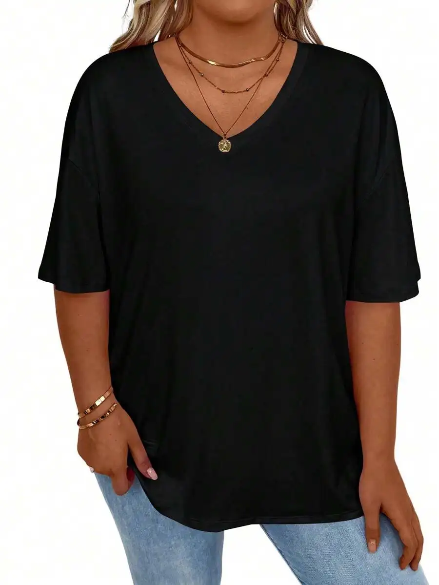

Women Solid Color V-Neck Short Sleeve Casual T-Shirt Summer