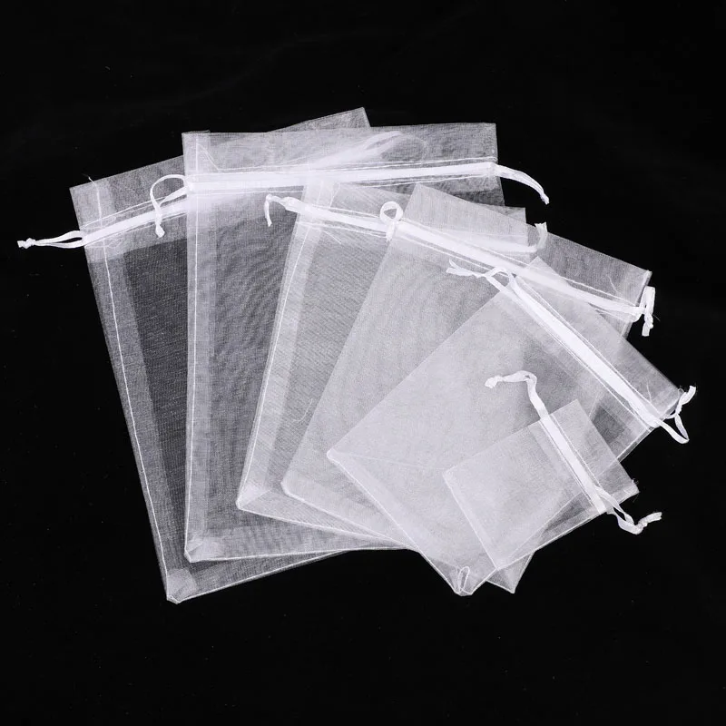 

100pcs/lot Silk White Chiffon Ribbon Drawstring Organza Bags Pouches for Jewelry Wedding Christmas Gift Packaging