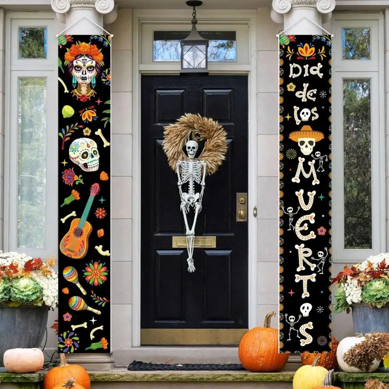 VIKAMA Paire de bannières de porte pour la Journée des Morts, motif squelette Catrina mexicain, décoration suspendue pour entrée de restaurant et festival