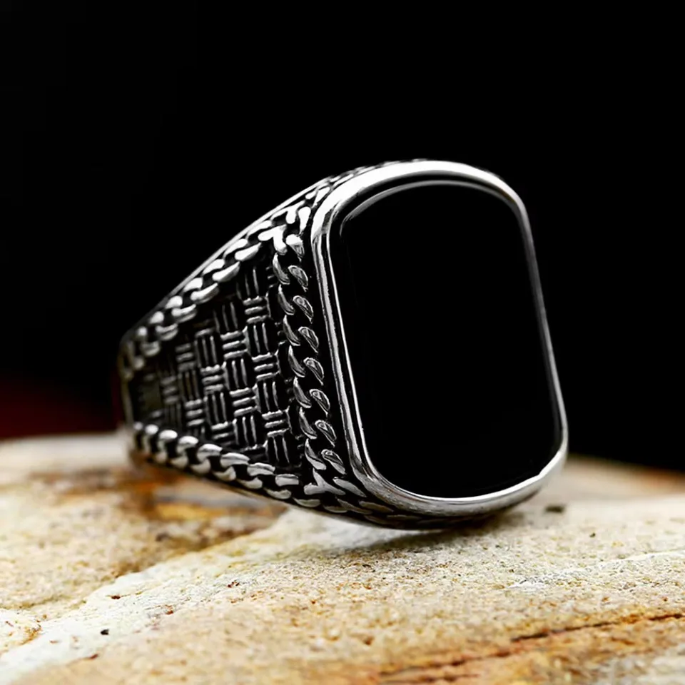 

Vintage Fashion Stainless Steel Square Black Stone Ring Punk Hip Hop Arabic Stone Rings For Men Women Ethnic Jewelry Wholesale