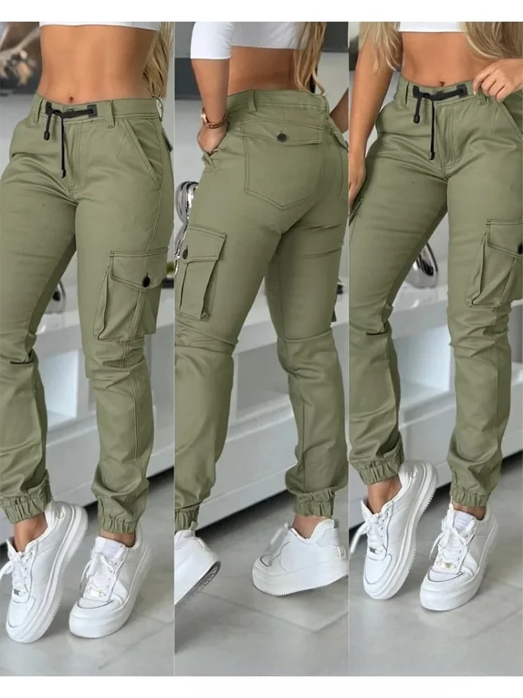 Pantalón Cargo para mujer, pantalones largos Y2k, ropa de calle para correr, Capris de cintura alta, pantalones rectos con botones y bolsillo empalmado, novedad de primavera y otoño